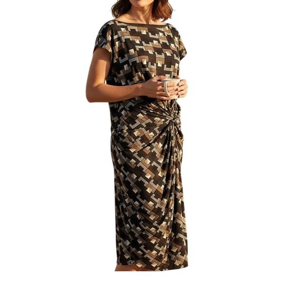 Evan Picone Sheath Dress Womens 18W Black Brown Geometric Twist Front Retro Chic - Picture 1 of 12